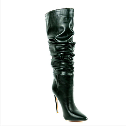 Autumn And Winter Folds Pointed Toe High-Tube Women'S Boots European And American Fashion Sexy Black Women'S Stiletto High Heel Shoes & Bags