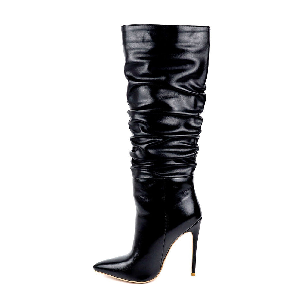 Autumn And Winter Folds Pointed Toe High-Tube Women'S Boots European And American Fashion Sexy Black Women'S Stiletto High Heel Shoes & Bags