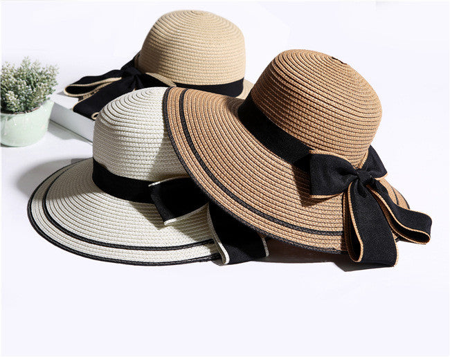 Sun Hat Big Black Bow Summer Hats For Women Foldable Straw Beach Panama Hat Visor Wide Brim Femme Female New apparel & accessories