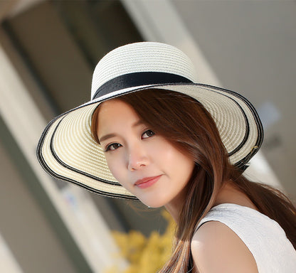 Sun Hat Big Black Bow Summer Hats For Women Foldable Straw Beach Panama Hat Visor Wide Brim Femme Female New apparel & accessories