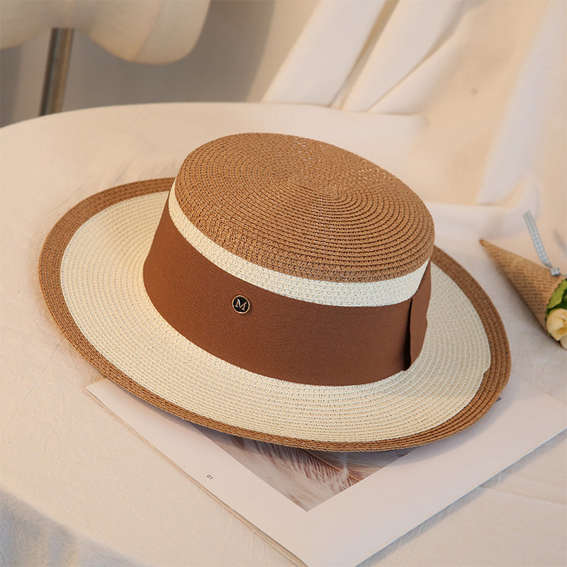 Summer Elegant Retro Women Flat Top Straw Hat Trip Caps Leisure Beach Sun Hats M Letter Breathable Flower Beach Hat apparel & accessories