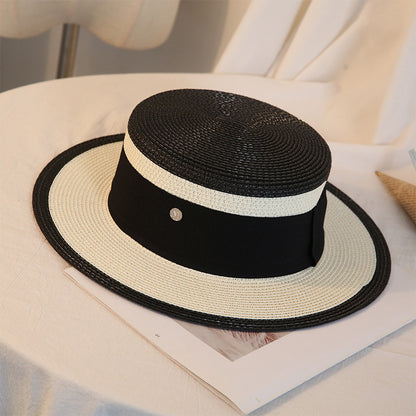 Summer Elegant Retro Women Flat Top Straw Hat Trip Caps Leisure Beach Sun Hats M Letter Breathable Flower Beach Hat apparel & accessories