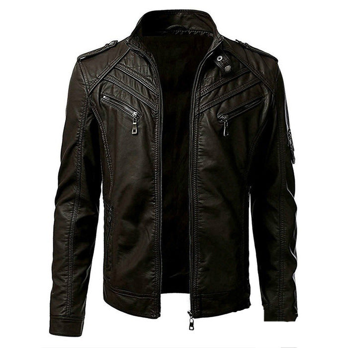 Casual Foreign Trade Leather Jacket Men Wish Hot Sale European And American Fashion Zipper Stand Collar Jacket apparels & accessories