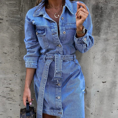 Solid Color Sexy Single-Breasted Denim Skirt Spring Belt Pocket Slim Dress apparel & accessories