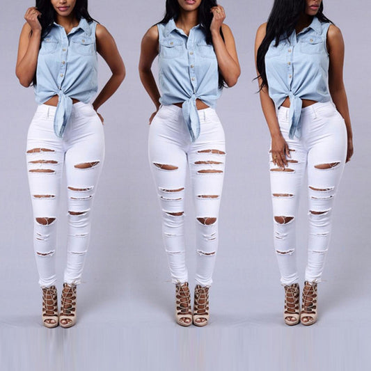 High Quality Women Casual Hole Jeans High Waist Skinny apparel & accessories