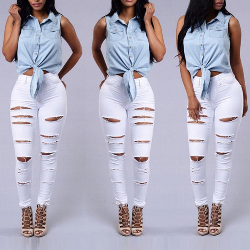 High Quality Women Casual Hole Jeans High Waist Skinny apparel & accessories