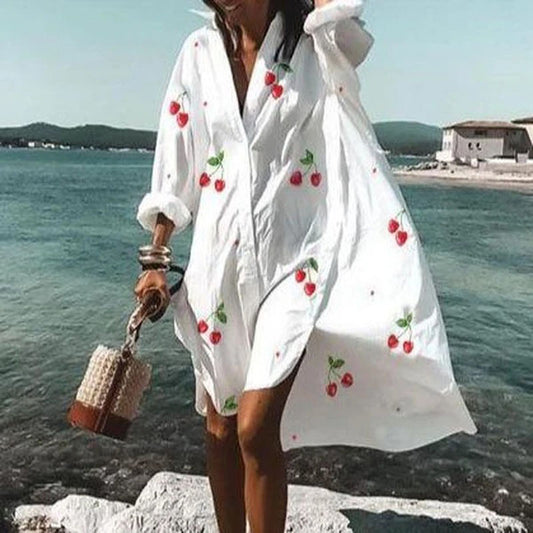 Multi-color Loose Long-sleeved Printed Skirt Shirt Dress apparel & accessories