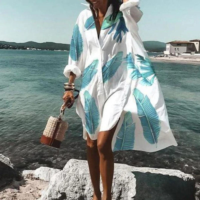 Multi-color Loose Long-sleeved Printed Skirt Shirt Dress apparel & accessories