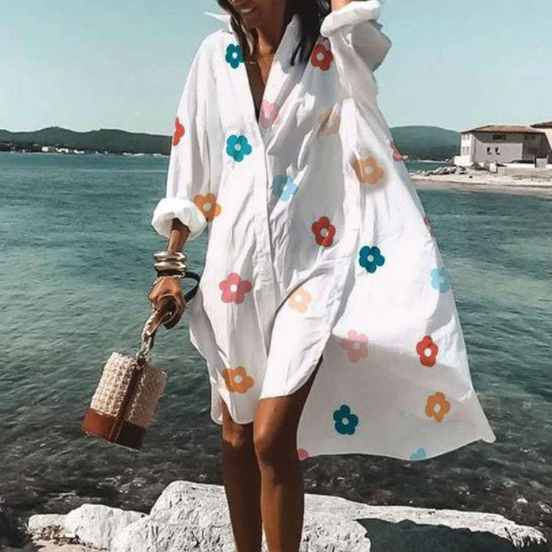 Multi-color Loose Long-sleeved Printed Skirt Shirt Dress apparel & accessories