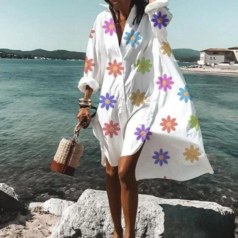 Multi-color Loose Long-sleeved Printed Skirt Shirt Dress apparel & accessories