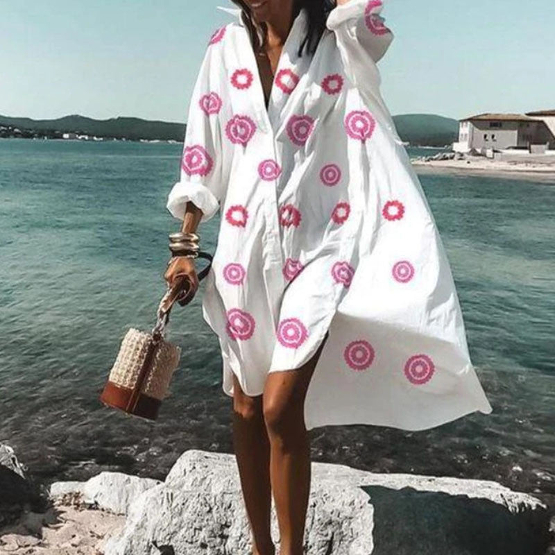 Multi-color Loose Long-sleeved Printed Skirt Shirt Dress apparel & accessories