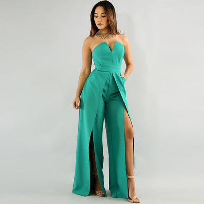 Hollow Long Jumpsuit Women Fashion Zipper Fitted Split Jumpsuit Elegant Breast Wide Leg Jumpsuit apparel & accessories