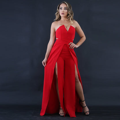 Hollow Long Jumpsuit Women Fashion Zipper Fitted Split Jumpsuit Elegant Breast Wide Leg Jumpsuit apparel & accessories