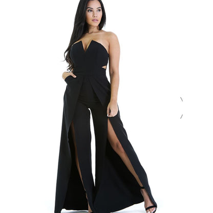 Hollow Long Jumpsuit Women Fashion Zipper Fitted Split Jumpsuit Elegant Breast Wide Leg Jumpsuit apparel & accessories