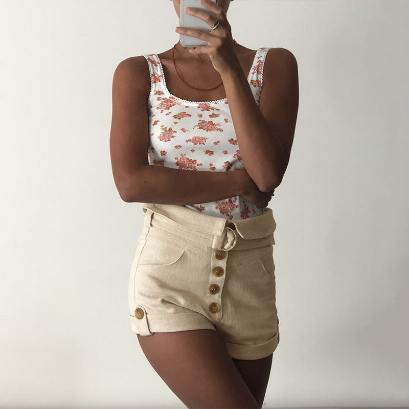 Summer Slim Hip Belt Button Shorts shorts