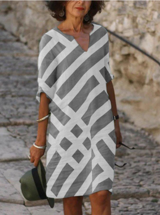 V Neck Sexy Geometric Striped Print Mid Sleeve Midi Skirt Dress apparel & accessories