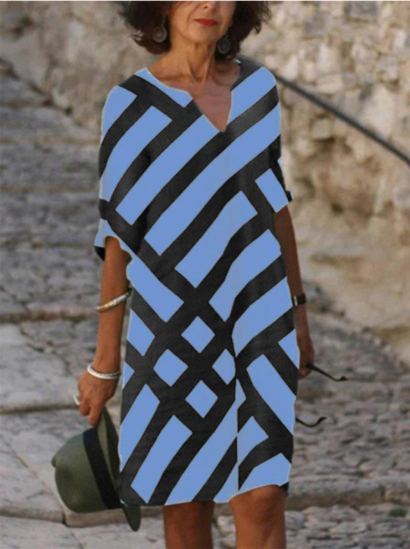 V Neck Sexy Geometric Striped Print Mid Sleeve Midi Skirt Dress apparel & accessories