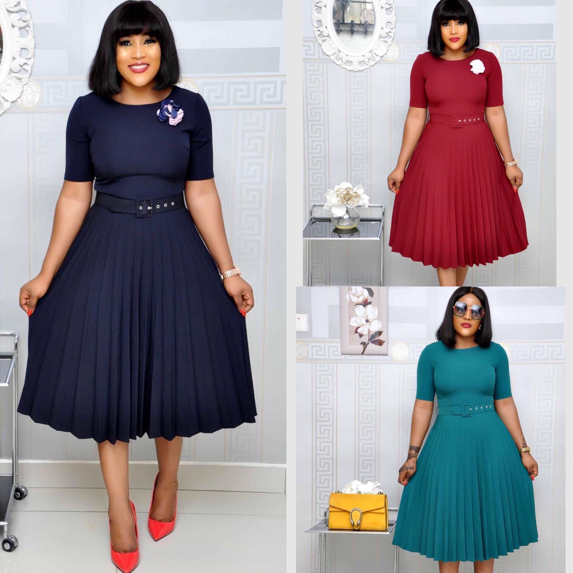 Round Neck Plus Size Mother's Dress Female Pleated Dress Dresses & Tops