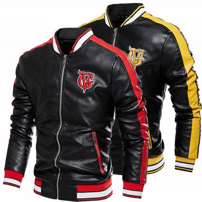 Leather Jacket Men's Stand-up Collar Color Block Faux Leather Jacket Zipper Embroidered Jacket apparels & accessories