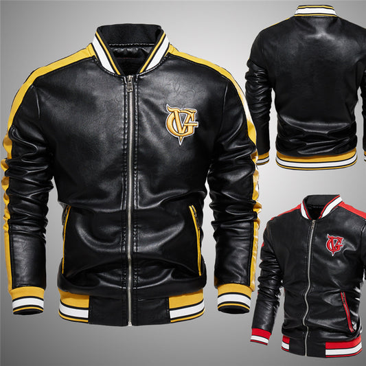 Leather Jacket Men's Stand-up Collar Color Block Faux Leather Jacket Zipper Embroidered Jacket apparels & accessories