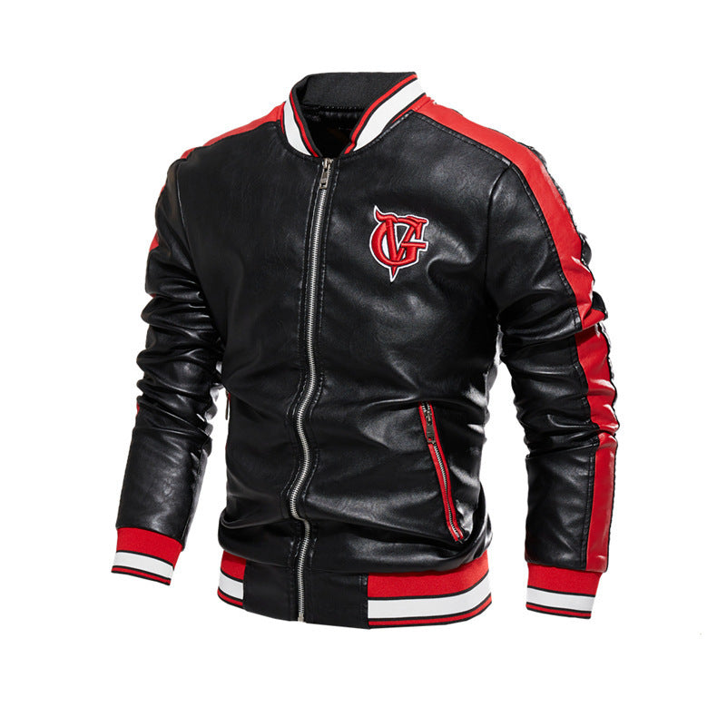 Leather Jacket Men's Stand-up Collar Color Block Faux Leather Jacket Zipper Embroidered Jacket apparels & accessories