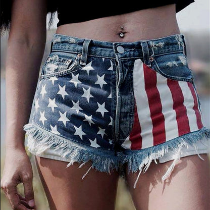 Summer Jeans Women Print Shorts With Ripped Fringe Fringe shorts