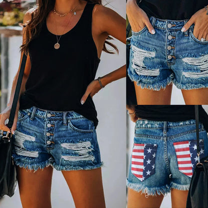 Summer Jeans Women Print Shorts With Ripped Fringe Fringe shorts