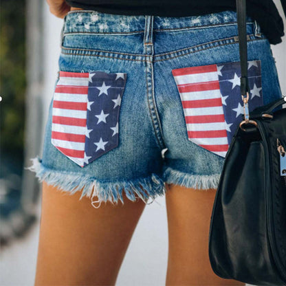 Summer Jeans Women Print Shorts With Ripped Fringe Fringe shorts