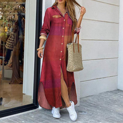 Fashion Long Sleeve Shirt Dress Printed Dress Long High Waist Skirt apparels & accessories