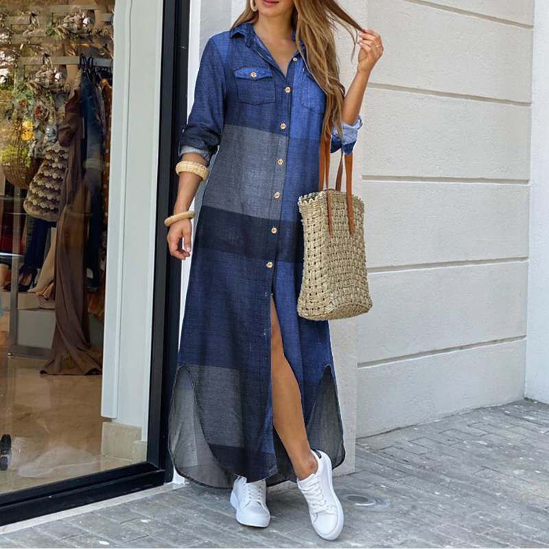 Fashion Long Sleeve Shirt Dress Printed Dress Long High Waist Skirt apparels & accessories