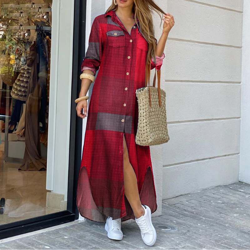 Fashion Long Sleeve Shirt Dress Printed Dress Long High Waist Skirt apparels & accessories