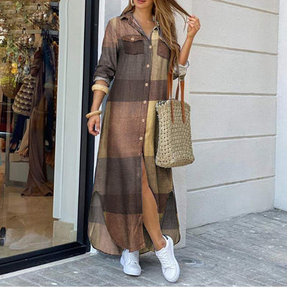 Fashion Long Sleeve Shirt Dress Printed Dress Long High Waist Skirt apparels & accessories