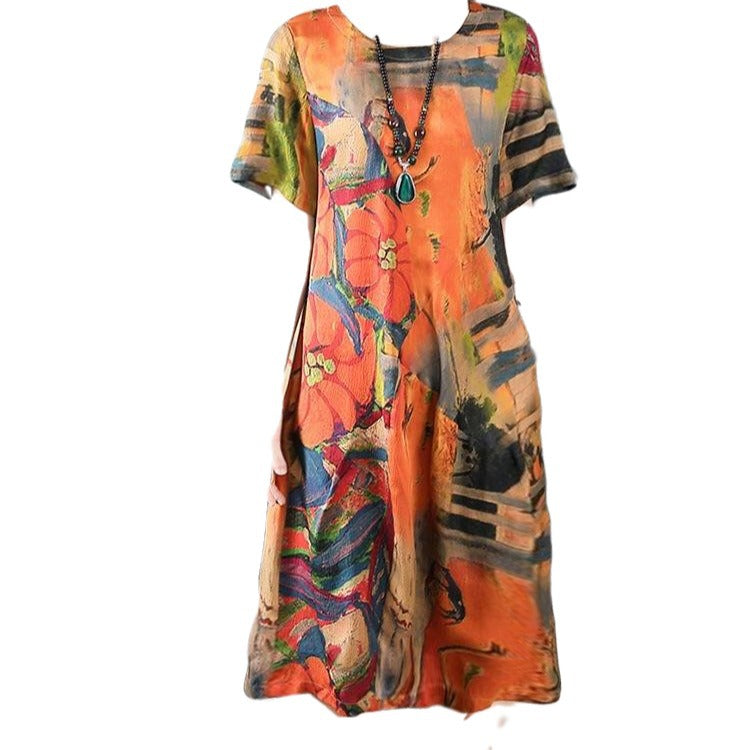 Fashion Loose Round Neck Print Short Sleeve Dress Long Skirt apparel & accessories