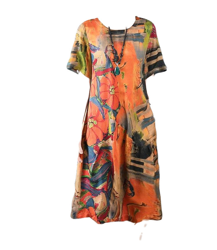 Fashion Loose Round Neck Print Short Sleeve Dress Long Skirt apparel & accessories