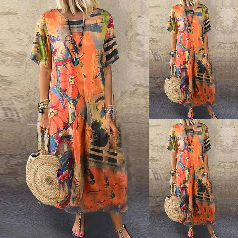 Fashion Loose Round Neck Print Short Sleeve Dress Long Skirt apparel & accessories