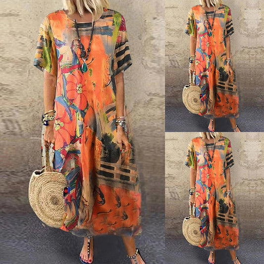 Fashion Loose Round Neck Print Short Sleeve Dress apparel & accessories