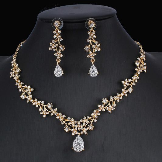 Golden Zircon Bridal Necklace Earrings Wedding Set Jewelry