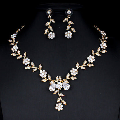 Golden Zircon Jewelry Set Bridal Necklace Earrings Wedding Two-piece Set Jewelry
