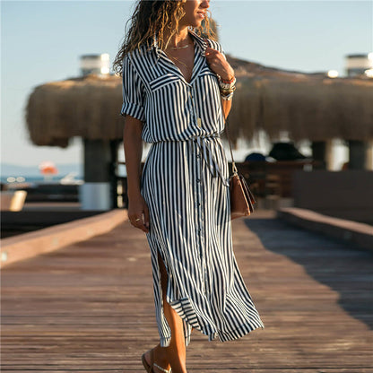 Stripe Shirt Women's Dress Spring Summer Chiffon V-neck Sexy Maxi Dresses Sexy Elegant Casual Girl Lace Women Long Sleeve apparels & accessories