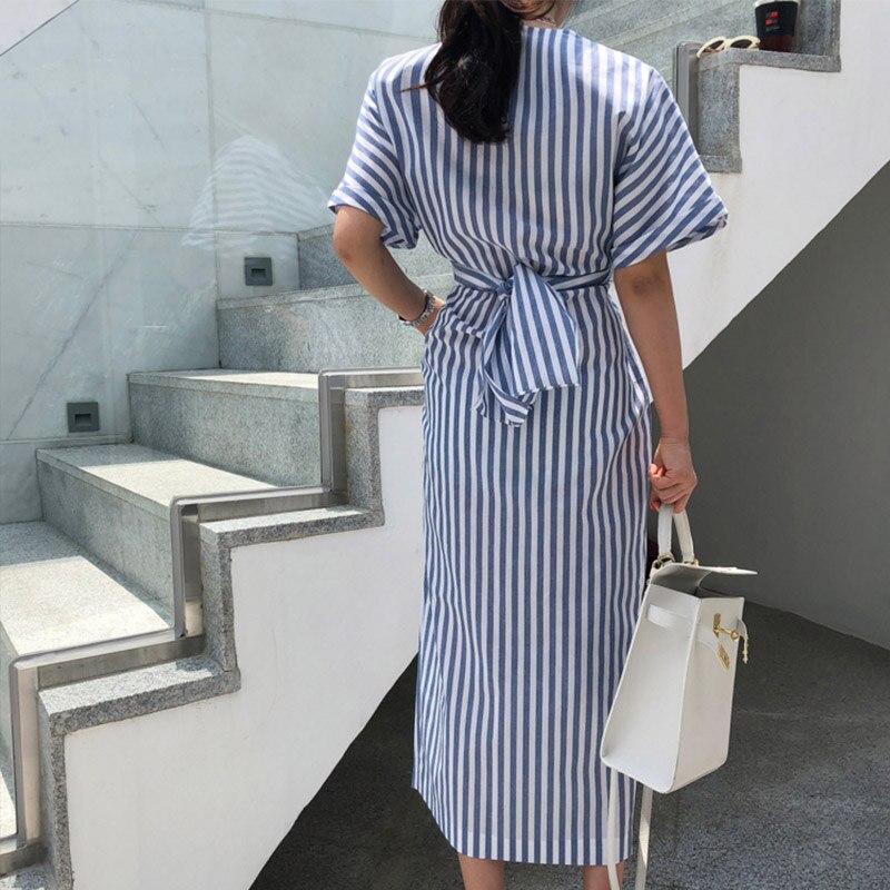 Fashion striped cross-tie dress with front slit skirt apparel & accessories