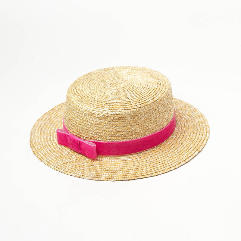 Straw hat with velvet ribbon and flat top apparel & accessories