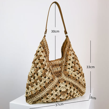 Women's Fashion Handmade Straw Woven Hollow Contrast Color Weave Shoulder Bag apparels & accessories