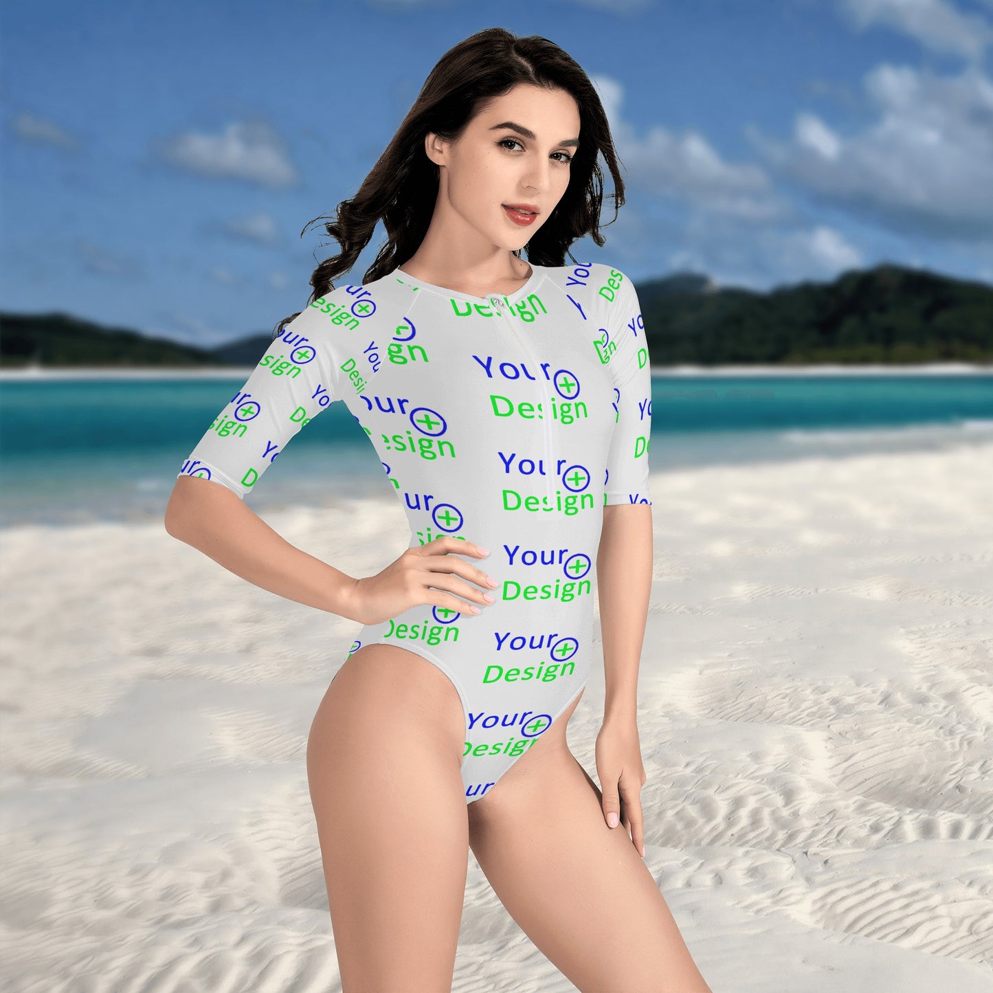 Womens One Piece Zip Front Half Sleeve Swimsuit-your design 