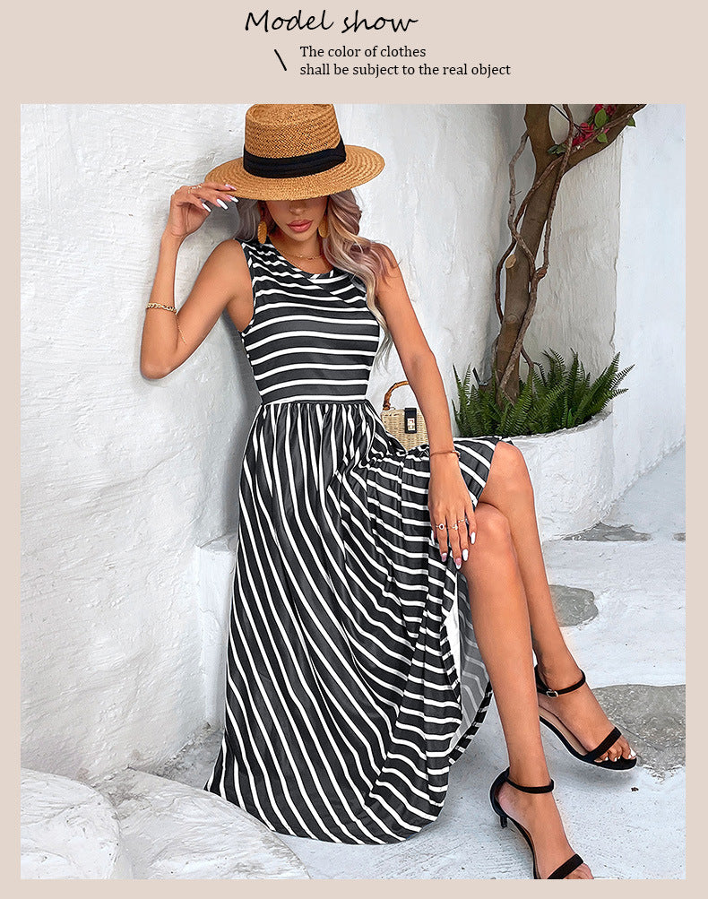 Summer Round Neck European And American Striped Sleeveless Dress apparel & accessories