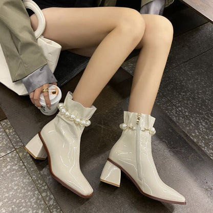 Square Toe Chunky Heel Short Boots Women Shoes & Bags