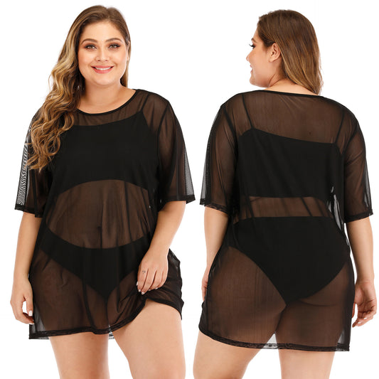 Plus Size Women's Sheer Mesh Beach Bikini Cover Up Dress Dresses & Tops