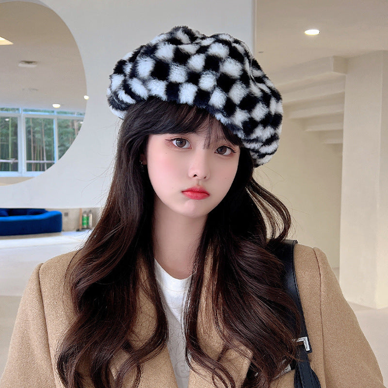 Versatile Warm Checkerboard Plush Beret scarves, Shawls & Hats