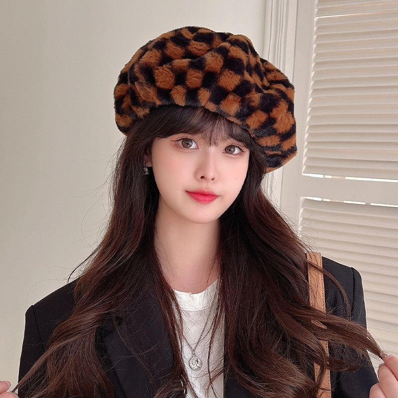 Versatile Warm Checkerboard Plush Beret scarves, Shawls & Hats