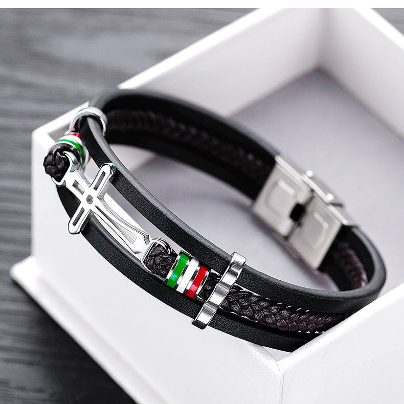 Men's Retro Creative Cross Multi-layer Woven Leather Bracelet Jewelry