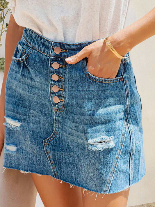 Button-Fly Distressed Raw Hem Denim Skirt apparel & accessories